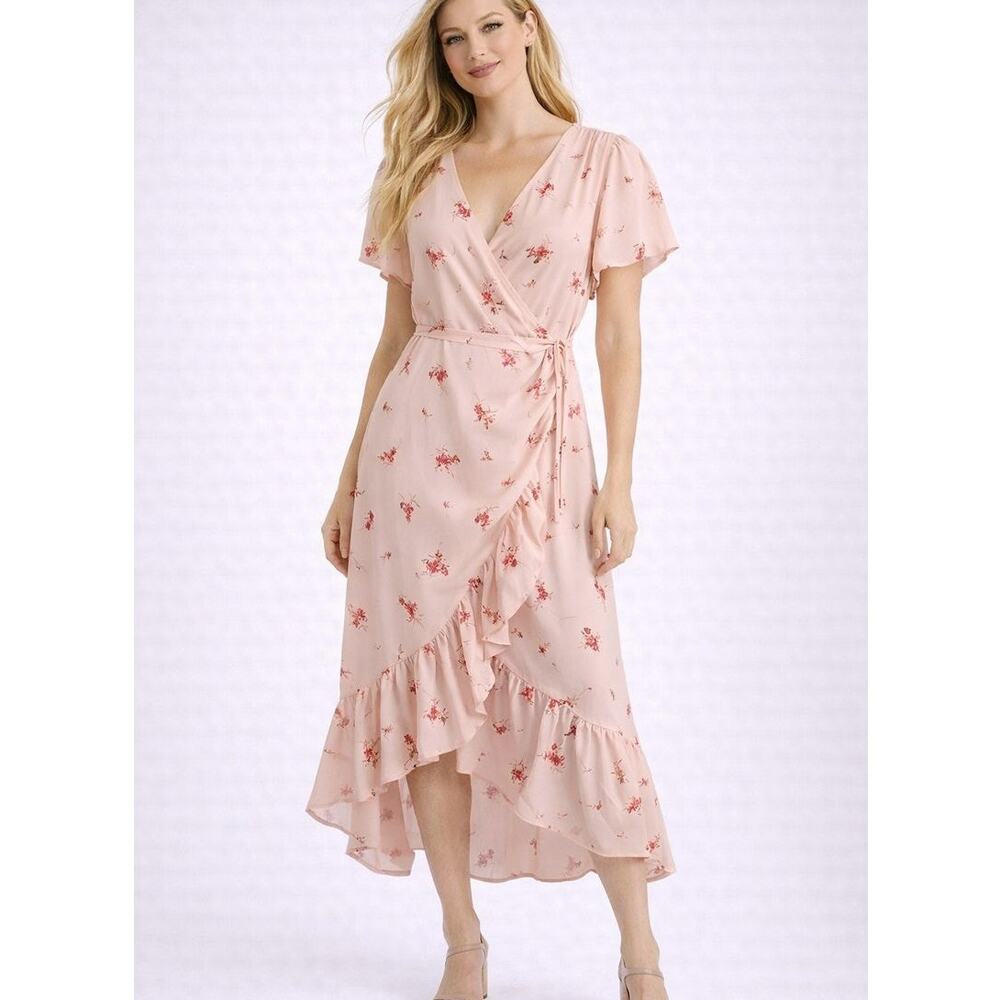 Chelsea28 Pink Midi Ruffle Wrap Dress Womens Large Feminine Cottage Coquette